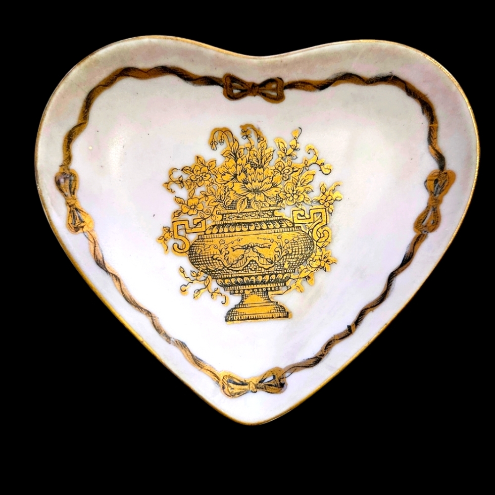 Vintage Small 4" Pink Heart Trinket Dish With Gold Vase and Flowers Design 7597B
